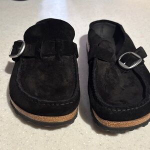 Birkenstock Black Suede Mules with Buckle
